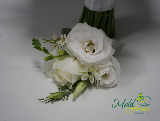 Bridal bouquet with white roses, eustoma, and eucalyptus + boutonniere photo